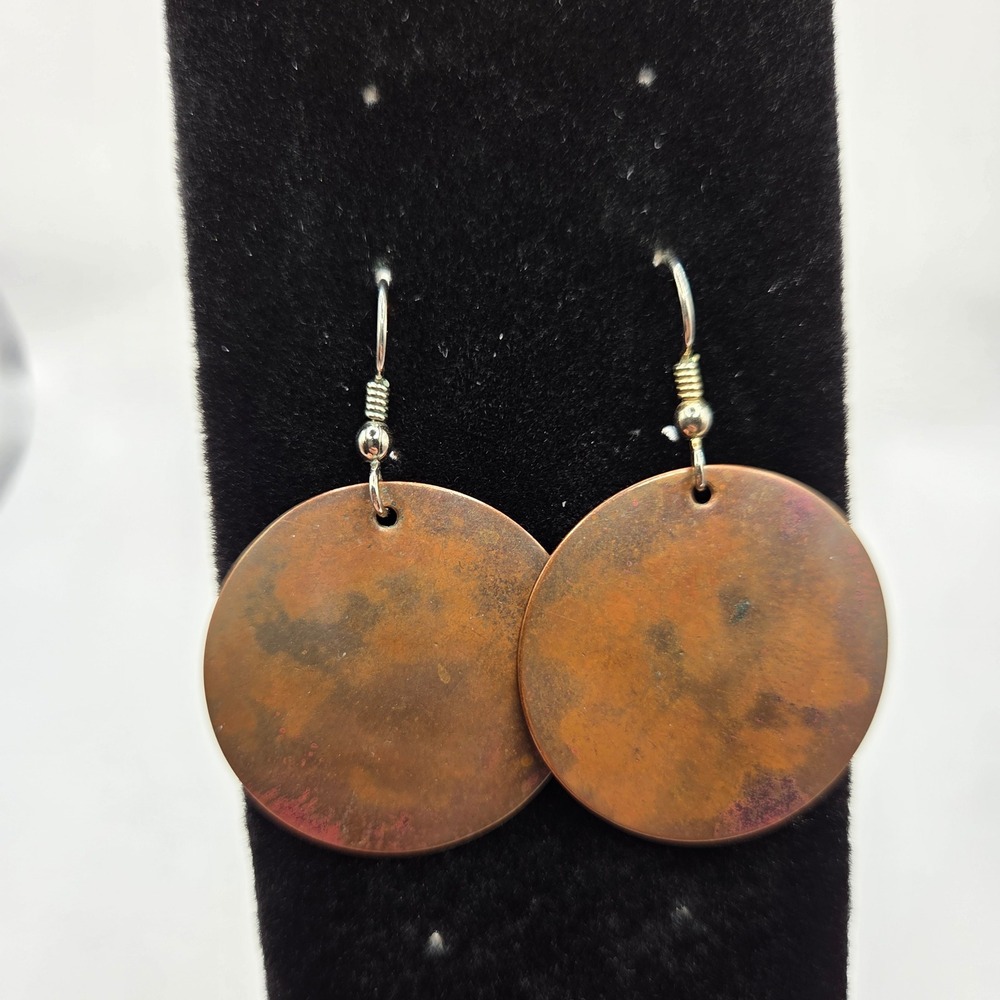 Copper Round Disc Dangle Earrings 2" Patina Boho Minimalist Statement Jewelry